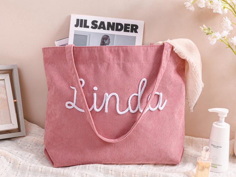 Personalized Embroidered Corduroy Tote,Custom Name Tote Bag,Bridesmaid Gift,Gift for Her,Travel Bag,Bachelorette Gift,Christmas Gift image 10