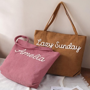 Personalized Embroidered Corduroy Tote,Custom Name Tote Bag,Bridesmaid Gift,Gift for Her,Travel Bag,Bachelorette Gift,Christmas Gift image 15