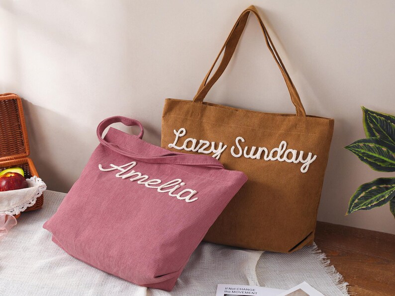 Personalized Embroidered Corduroy Tote,Custom Name Tote Bag,Bridesmaid Gift,Gift for Her,Travel Bag,Bachelorette Gift,Christmas Gift image 15