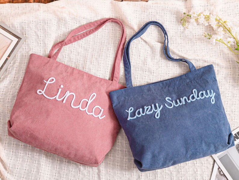 Personalized Embroidered Corduroy Tote,Custom Name Tote Bag,Bridesmaid Gift,Gift for Her,Travel Bag,Bachelorette Gift,Christmas Gift image 19