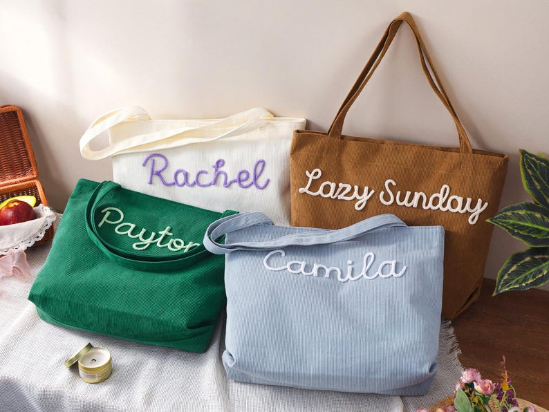 Personalized Embroidered Corduroy Tote,Custom Name Tote Bag,Bridesmaid Gift,Gift for Her,Travel Bag,Bachelorette Gift,Christmas Gift image 5