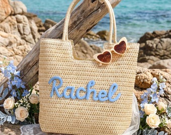Personalized Crochet Straw Beach Tote Bag, Bridesmaid Wedding Gift