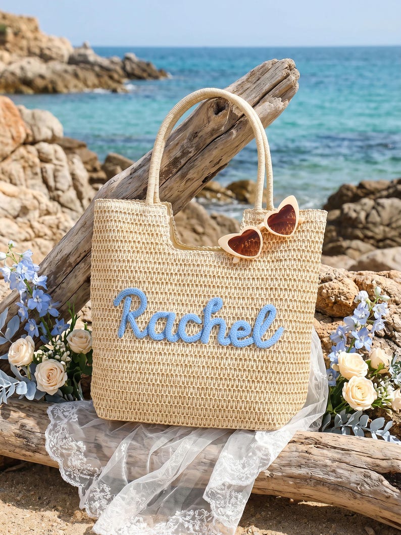 Personalized Crochet Straw Beach Tote Bag, Bridesmaid Wedding Gift, Travel Beach Tote, Bachelorette Party Favors, Bridal Shower Bag image 6