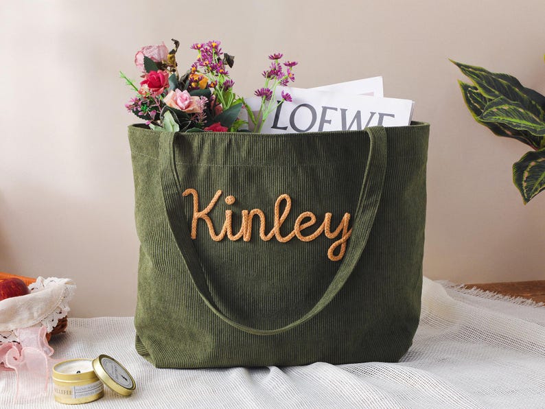 Personalized Embroidered Corduroy Tote,Custom Name Tote Bag,Bridesmaid Gift,Gift for Her,Travel Bag,Bachelorette Gift,Christmas Gift image 14