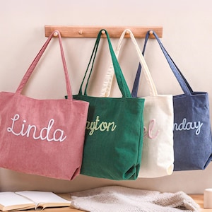 Personalized Embroidered Corduroy Tote,Custom Name Tote Bag,Bridesmaid Gift,Gift for Her,Travel Bag,Bachelorette Gift,Christmas Gift image 1