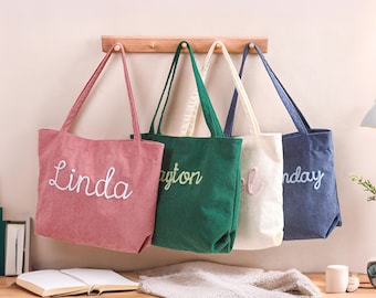 Personalized Embroidered Corduroy Tote,Custom Name Tote Bag,Bridesmaid Gift,Gift for Her,Travel Bag,Bachelorette Gift,Christmas Gift