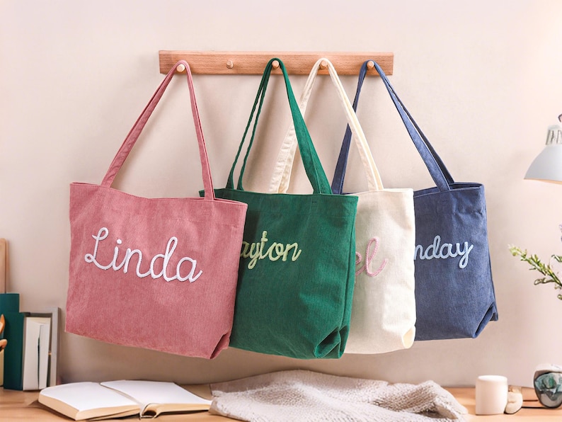 Personalized Embroidered Corduroy Tote,Custom Name Tote Bag,Bridesmaid Gift,Gift for Her,Travel Bag,Bachelorette Gift,Christmas Gift image 1