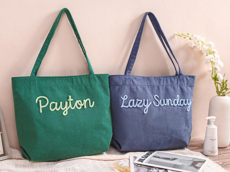 Personalized Embroidered Corduroy Tote,Custom Name Tote Bag,Bridesmaid Gift,Gift for Her,Travel Bag,Bachelorette Gift,Christmas Gift image 17