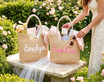 Personalized Crochet Straw Beach Tote Bag, Bridesmaid Wedding Gift, Travel Beach Tote, Bachelorette Party Favors, Bridal Shower Bag