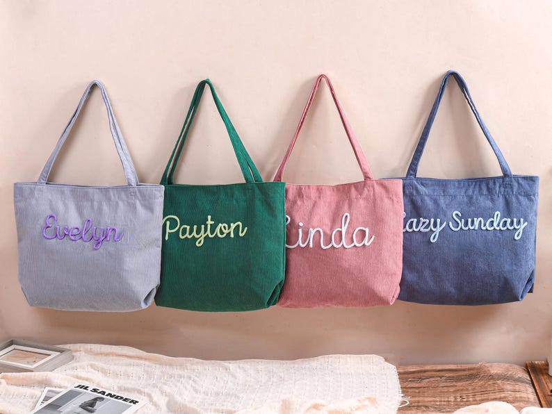 Personalized Embroidered Corduroy Tote,Custom Name Tote Bag,Bridesmaid Gift,Gift for Her,Travel Bag,Bachelorette Gift,Christmas Gift image 18