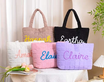 Personalized Quilted Nylon Tote Bag,Custom Bridesmaid Gift,Bridesmaid Tote Bag,Bachelorette Gift,Gift for Her,Beach Bag,Women Shoulder Bag