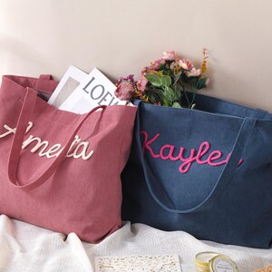 Personalized Embroidered Corduroy Tote,Custom Name Tote Bag,Bridesmaid Gift,Gift for Her,Travel Bag,Bachelorette Gift,Christmas Gift image 6