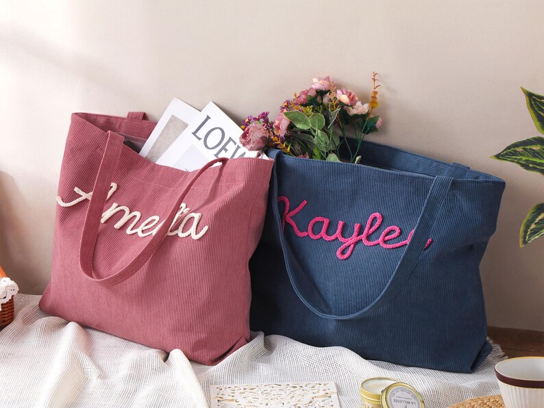 Personalized Embroidered Corduroy Tote,Custom Name Tote Bag,Bridesmaid Gift,Gift for Her,Travel Bag,Bachelorette Gift,Christmas Gift image 6