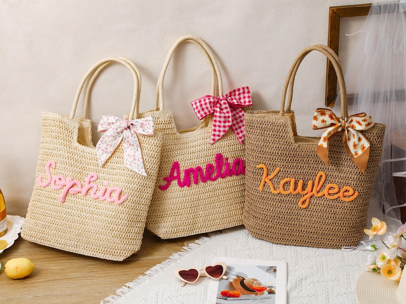 Personalized Crochet Straw Beach Tote Bag, Bridesmaid Wedding Gift, Travel Beach Tote, Bachelorette Party Favors, Bridal Shower Bag image 15
