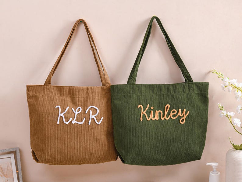 Personalized Embroidered Corduroy Tote,Custom Name Tote Bag,Bridesmaid Gift,Gift for Her,Travel Bag,Bachelorette Gift,Christmas Gift image 20