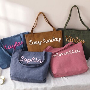 Personalized Embroidered Corduroy Tote,Custom Name Tote Bag,Bridesmaid Gift,Gift for Her,Travel Bag,Bachelorette Gift,Christmas Gift image 2