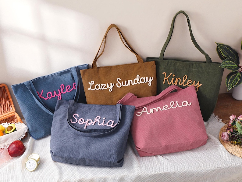 Personalized Embroidered Corduroy Tote,Custom Name Tote Bag,Bridesmaid Gift,Gift for Her,Travel Bag,Bachelorette Gift,Christmas Gift image 2
