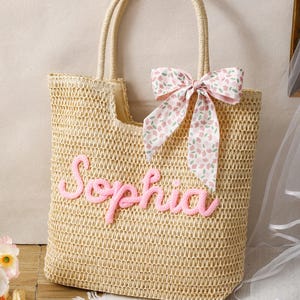 Personalized Crochet Straw Beach Tote Bag, Bridesmaid Wedding Gift, Travel Beach Tote, Bachelorette Party Favors, Bridal Shower Bag image 8