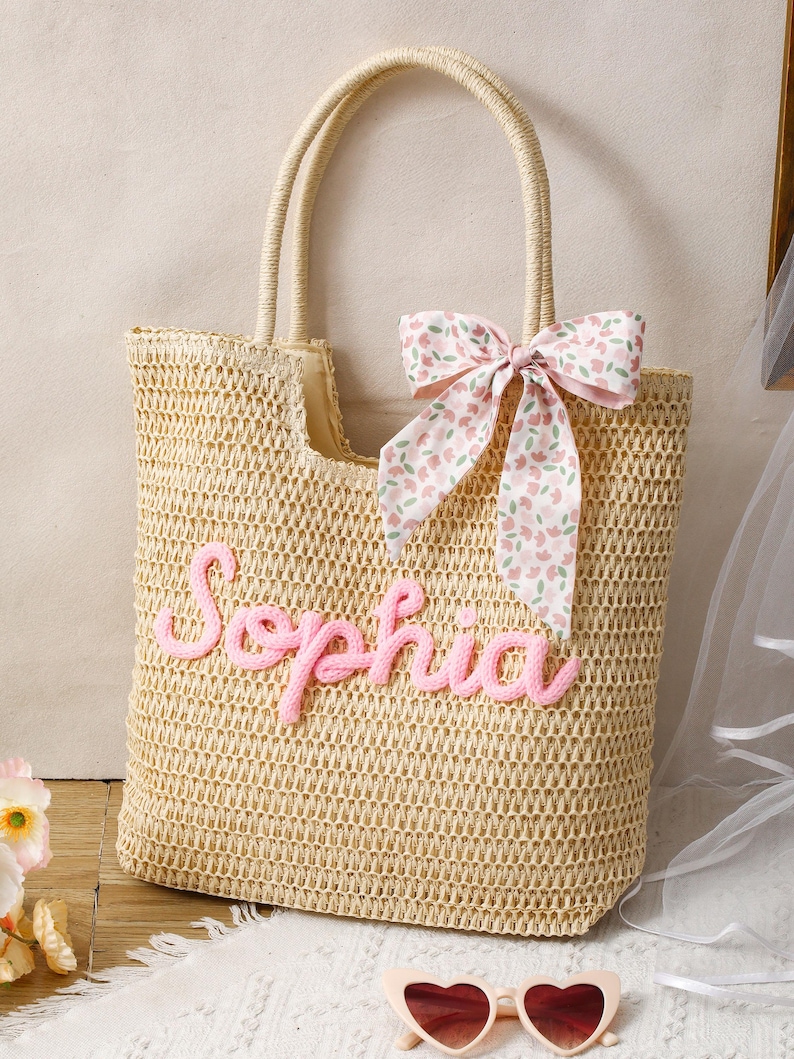 Personalized Crochet Straw Beach Tote Bag, Bridesmaid Wedding Gift, Travel Beach Tote, Bachelorette Party Favors, Bridal Shower Bag image 8