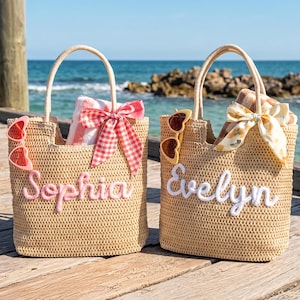 Personalized Crochet Straw Beach Tote Bag, Bridesmaid Wedding Gift, Travel Beach Tote, Bachelorette Party Favors, Bridal Shower Bag image 1