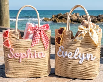 Personalized Crochet Straw Beach Tote Bag, Bridesmaid Wedding Gift, Travel Beach Tote, Bachelorette Party Favors, Bridal Shower Bag