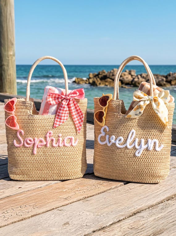 Personalized Crochet Straw Beach Tote Bag, Bridesmaid Wedding Gift, Travel Beach Tote, Bachelorette Party Favors, Bridal Shower Bag