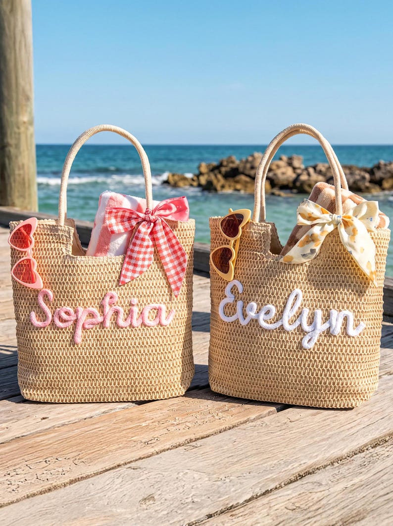 Personalized Crochet Straw Beach Tote Bag, Bridesmaid Wedding Gift, Travel Beach Tote, Bachelorette Party Favors, Bridal Shower Bag image 1