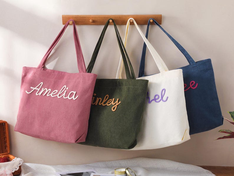 Personalized Embroidered Corduroy Tote,Custom Name Tote Bag,Bridesmaid Gift,Gift for Her,Travel Bag,Bachelorette Gift,Christmas Gift image 7