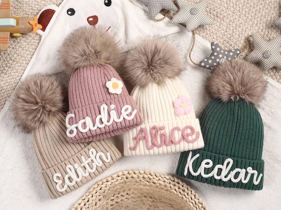 Personalized crochet beanie hats,Baby beanies with name,Winter hat for baby and toddler,Custom family beanies with pom poms,Baby shower gift