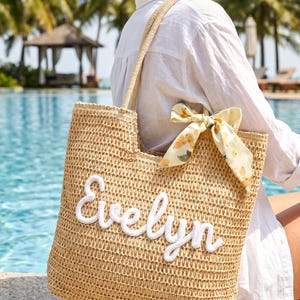 May include: A tan woven straw tote bag featuring the name Evelyn in white cursive rope lettering on the front. The bag includes two shoulder straps and a decorative light yellow fabric ribbon tied to one side with a subtle lemon print pattern.