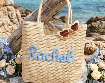 Personalized Crochet Straw Beach Tote Bag, Bridesmaid Wedding Gift