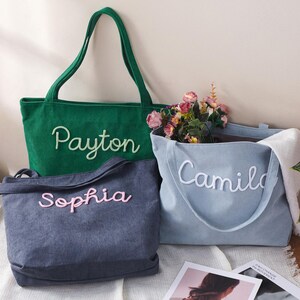 Personalized Embroidered Corduroy Tote,Custom Name Tote Bag,Bridesmaid Gift,Gift for Her,Travel Bag,Bachelorette Gift,Christmas Gift image 9