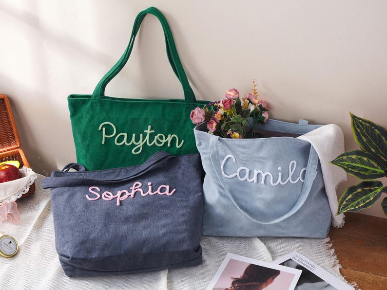 Personalized Embroidered Corduroy Tote,Custom Name Tote Bag,Bridesmaid Gift,Gift for Her,Travel Bag,Bachelorette Gift,Christmas Gift image 9