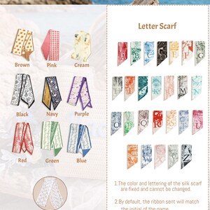 May include: A collection of narrow, rectangular scarves displayed in various colors and patterns, including solid hues and alphabet-themed designs. Text includes 'Scarf Style option', 'Letter Scarf', and notes regarding color and initial matching.