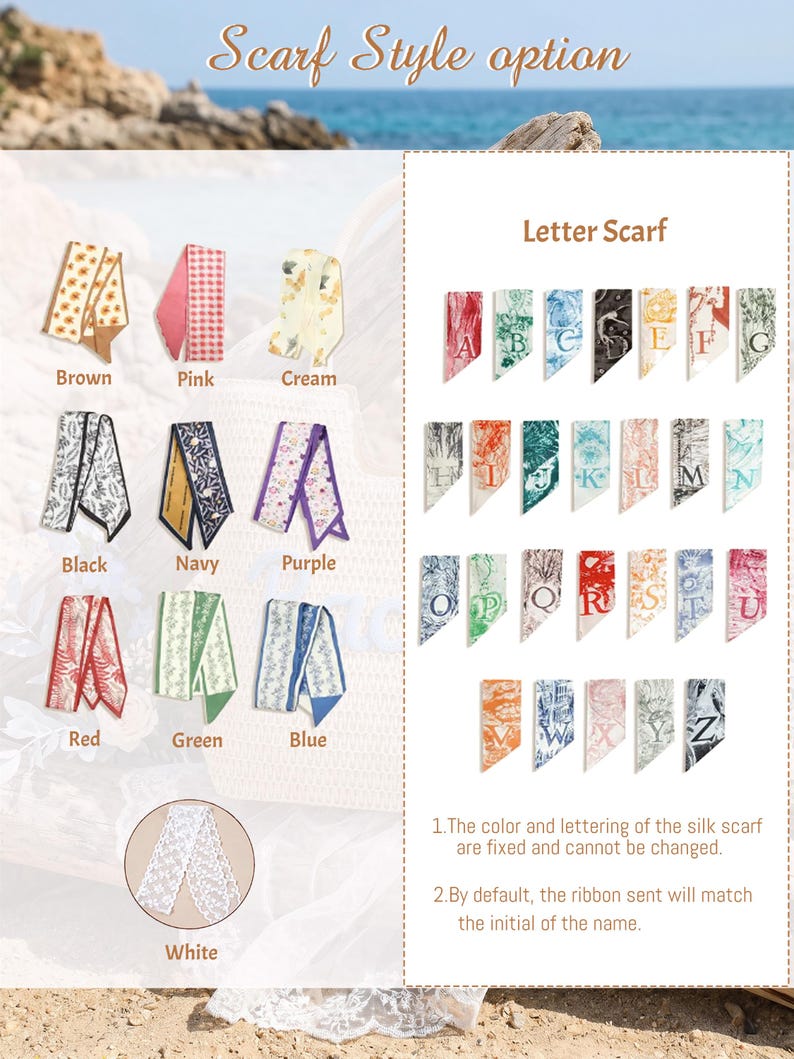 May include: A collection of narrow, rectangular scarves displayed in various colors and patterns, including solid hues and alphabet-themed designs. Text includes 'Scarf Style option', 'Letter Scarf', and notes regarding color and initial matching.