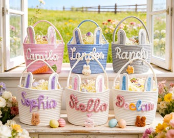 Canasta de Pascua personalizada para niños, canasta con nombre personalizado, canasta de regalo de algodón para bebé, canasta de búsqueda de huevos de Pascua, regalo para baby shower, canasta de conejito