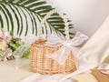 Rustic Flower Girl Basket with Pearl Handle,Flower girl basket rattan,Boho Bridal Basket,Wicker Basket with Ribbon Bow,Wedding wicker basket