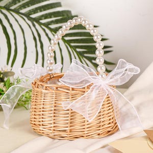 Rustic Flower Girl Basket with Pearl Handle,Flower girl basket rattan,Boho Bridal Basket,Wicker Basket with Ribbon Bow,Wedding wicker basket