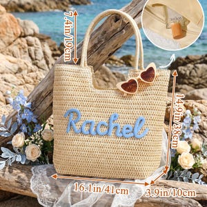 Personalized Crochet Straw Beach Tote Bag, Bridesmaid Wedding Gift, Travel Beach Tote, Bachelorette Party Favors, Bridal Shower Bag image 9
