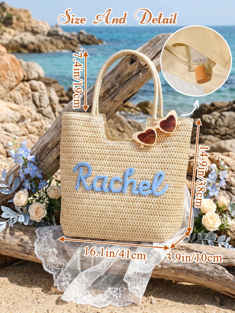 Personalized Crochet Straw Beach Tote Bag, Bridesmaid Wedding Gift, Travel Beach Tote, Bachelorette Party Favors, Bridal Shower Bag image 9