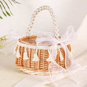 Rustic Flower Girl Basket with Pearl Handle,Boho Bridal Basket,Wicker Basket with Ribbon Bow,Flower girl basket rattan,Wedding wicker basket
