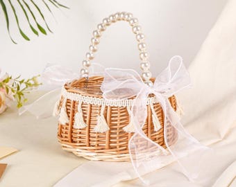 Rustic Flower Girl Basket with Pearl Handle,Boho Bridal Basket,Wicker Basket with Ribbon Bow,Flower girl basket rattan,Wedding wicker basket