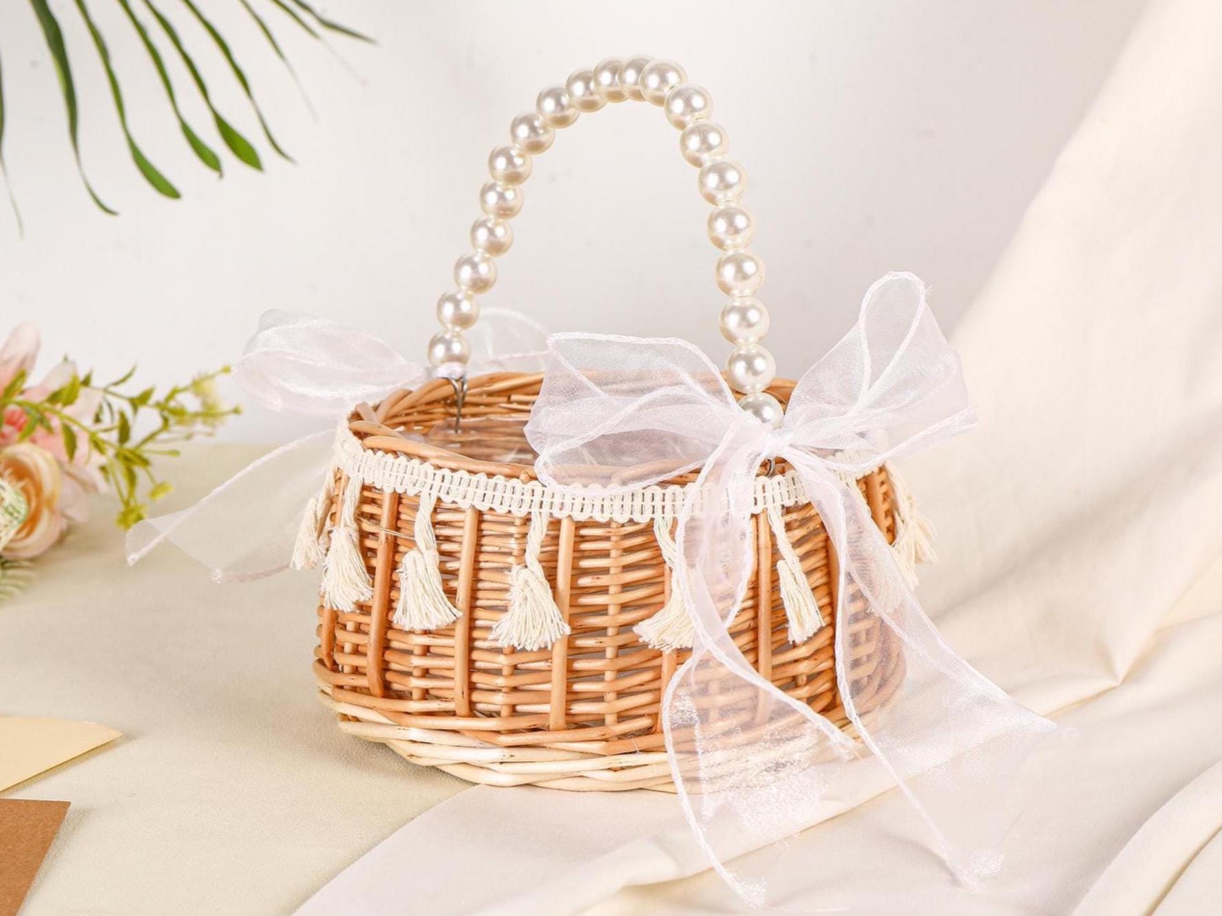 Panier Cœur Rotin Blanc - Demoiselle D'honneur - Décoration Mariage/Pâques - 9x12cm
