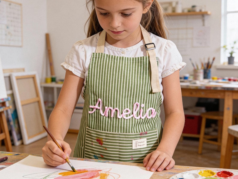 以下が含まれることがあります： ピンク色の筆記体で「Amelia」と書かれた、緑と白のストライプのエプロン。エプロンにはポケットがあり、水彩絵の具で絵を描いている人が着用しています。エプロンは丈夫な生地で作られています。