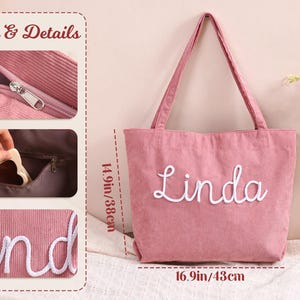 Personalized Embroidered Corduroy Tote,Custom Name Tote Bag,Bridesmaid Gift,Gift for Her,Travel Bag,Bachelorette Gift,Christmas Gift image 12