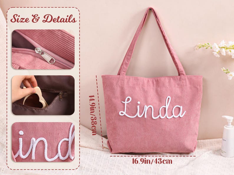 Personalized Embroidered Corduroy Tote,Custom Name Tote Bag,Bridesmaid Gift,Gift for Her,Travel Bag,Bachelorette Gift,Christmas Gift image 12