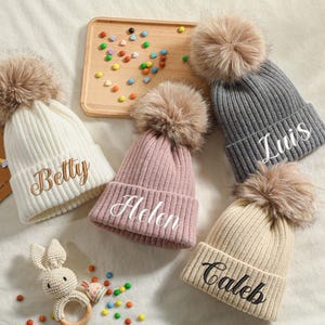 Personalized baby pom pom beanie hat,Custom newborn hat gift,Embroidered name baby beanie knitted hat,Baby shower gift,Unisex toddler hat