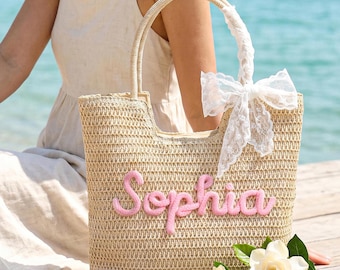 Borsa da spiaggia in paglia all'uncinetto personalizzata, regalo di nozze per damigella d'onore.
