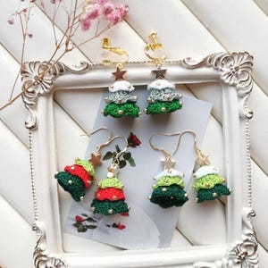 Micro Crochet Christmas tree dangle earrings, handmade earrings/Gift For Her/14 k GOLD handmade jewelry/ Christmas earrings, gift for mom