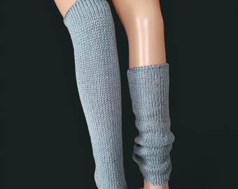 Handmade leg warmers, storm blue, shine silk effect, acrylic